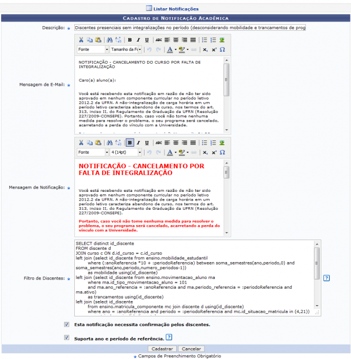  Figura 2: Cadastro de Notificação Acadêmica