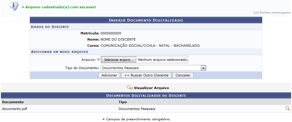 Figura 5: Mensagem de Sucesso; Inserir Documento Digitalizado; Documentos Digitalizados do Discente