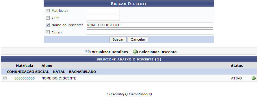 Figura 2: Buscar Discente; Selecione abaixo o discente