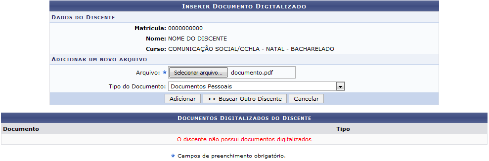 Figura 4: Inserir Documento Digitalizado; Documentos Digitalizados do Discente