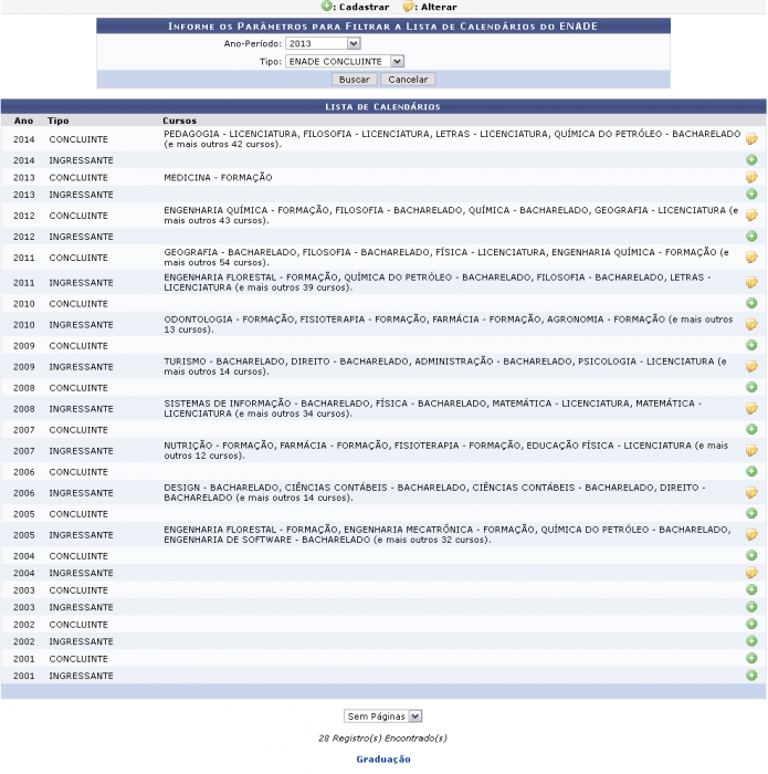 Figura 1: Informe os Parâmetros para Filtrar a Lista de Calendários do ENADE/Lista de Calendários