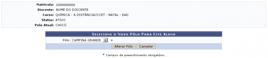 Figura 4: Selecione o Novo Pólo para Este Aluno.