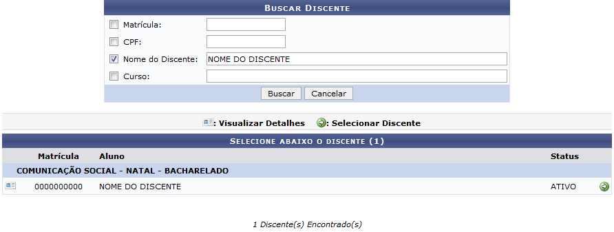 Figura 2:  Buscar Discente; Selecione abaixo o discente