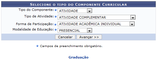  Figura 1: Selecione o Tipo do Componente Curricular