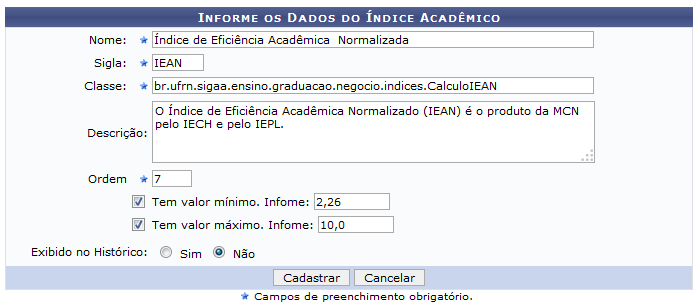  Figura 2: Informe os Dados do Índice Acadêmico