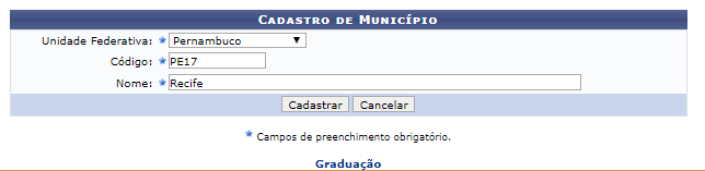 Figura 1: Cadastro de Município
