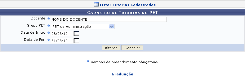 Figura 3: Cadastro de Tutorias do PET