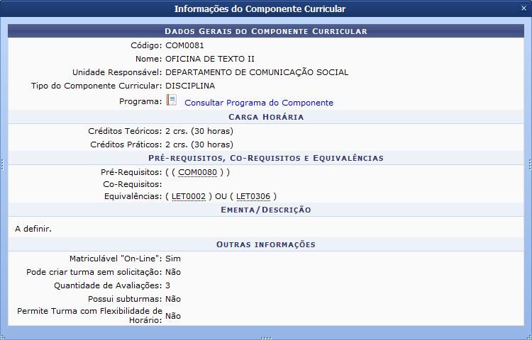 Figura 13: Dados Gerais do Componente Curricular 