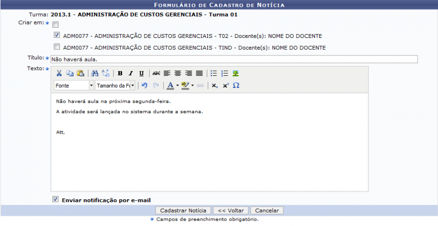Figura 36: Formulário de Cadastro de Notícia