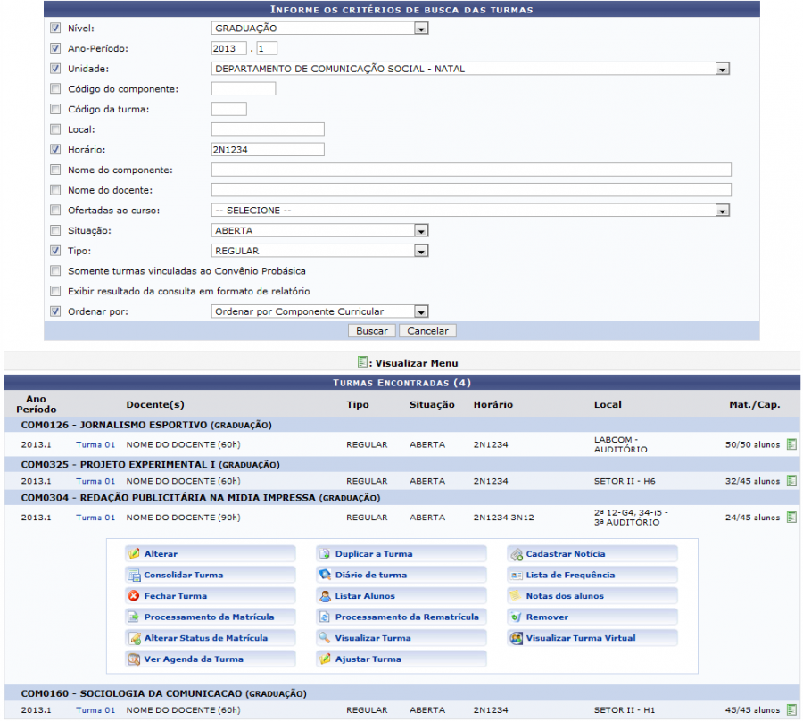 Figura 4: Visualizar Menu da Turma
