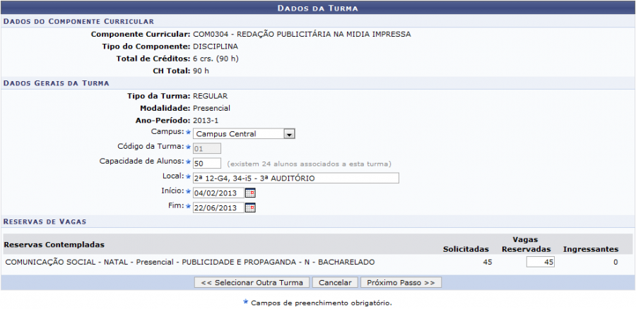Figura 5: Dados da Turma