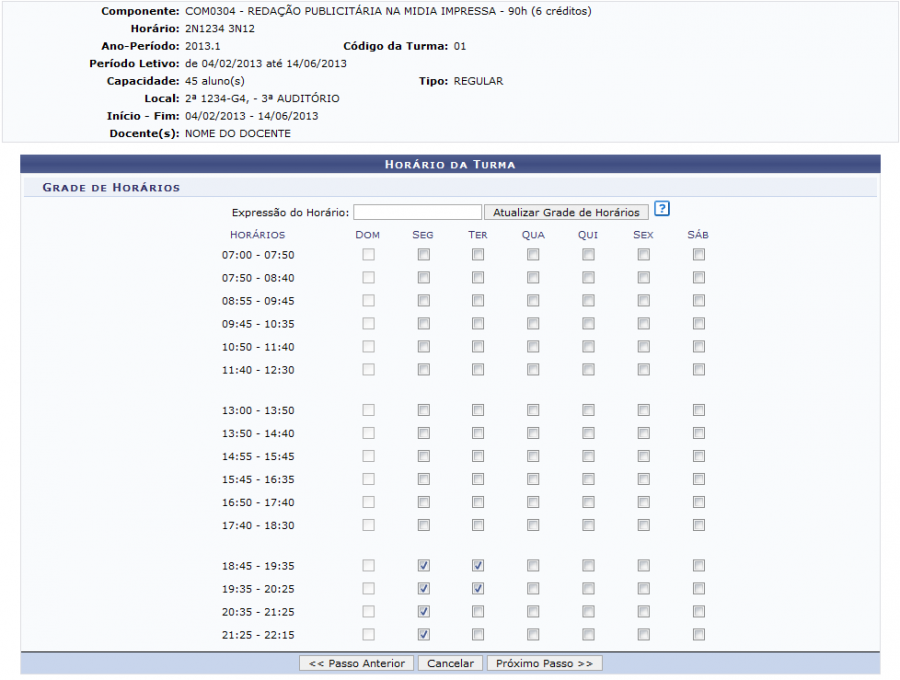 Figura 6: Horário da Turma