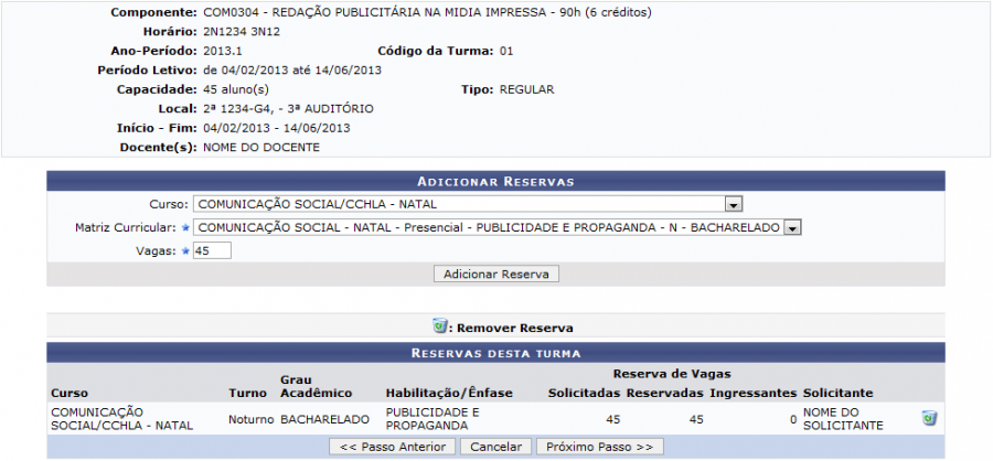 Figura 11: Adicionar Reservas