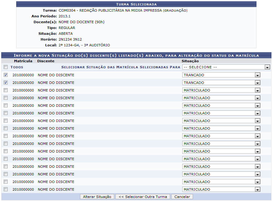 Figura 20: Alterar Status de Matrícula por Turma
