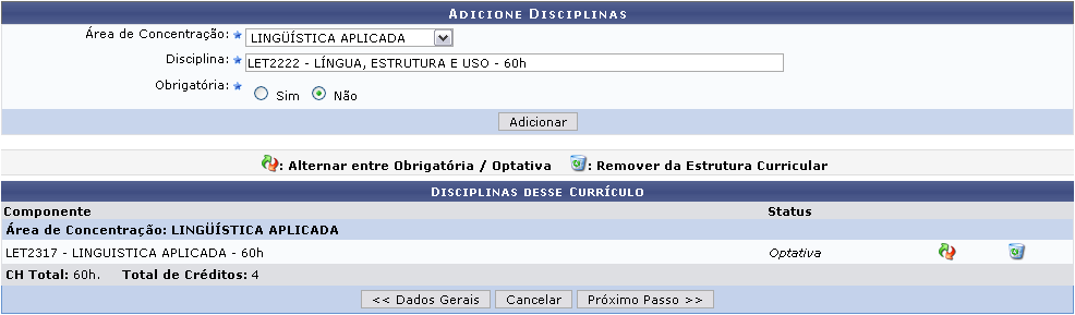 Figura 2: Adicione Disciplinas