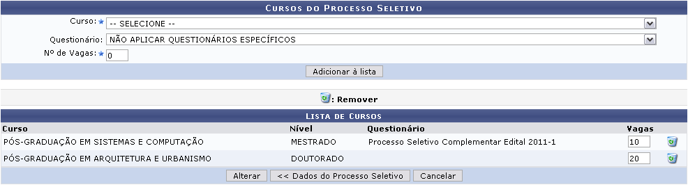 Figura 8:  Cursos do Processo Seletivo/Lista de Cursos