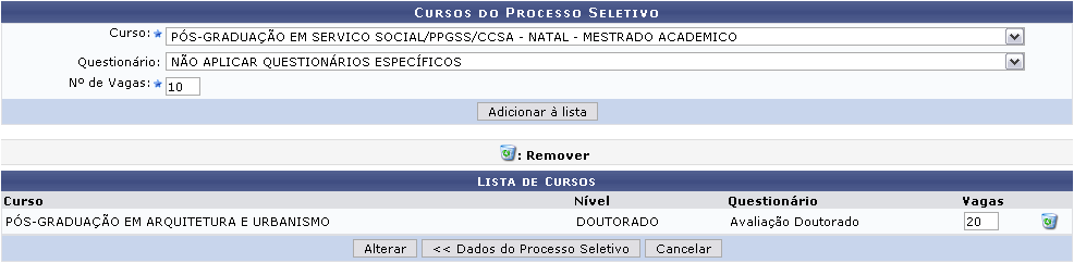 Figura 7: Cursos do Processo Seletivo/Lista de Cursos