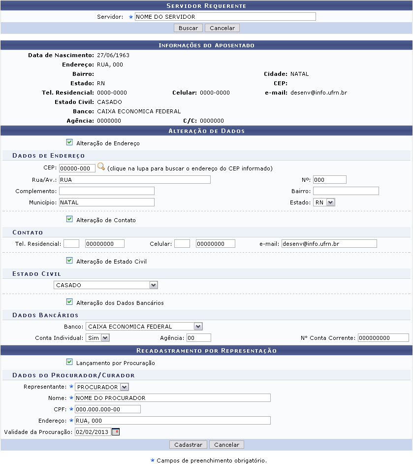 Figura 3: Servidor Requerente/Informações do Aposentado/Alteração de Dados/Recadastramento por Representação