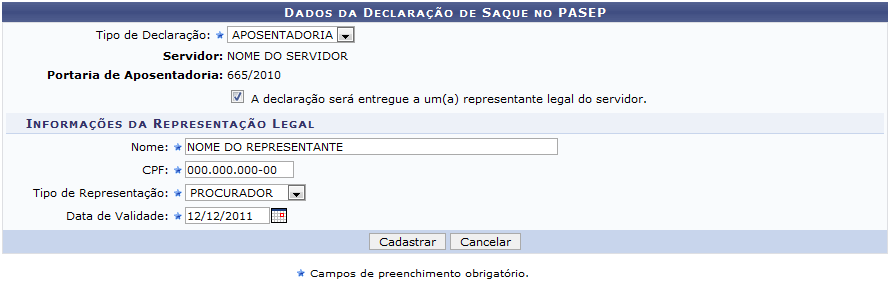 Figura 11: Dados da Declaração de Liberação de Saque no PASEP