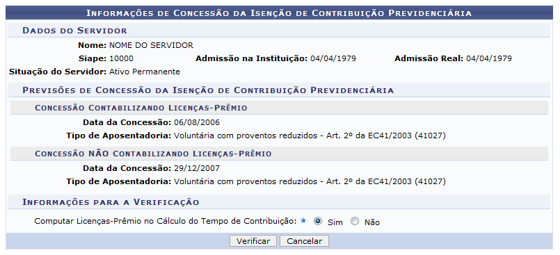 Figura 2: Informações de Concessão da Isenção de Contribuição Previdenciária