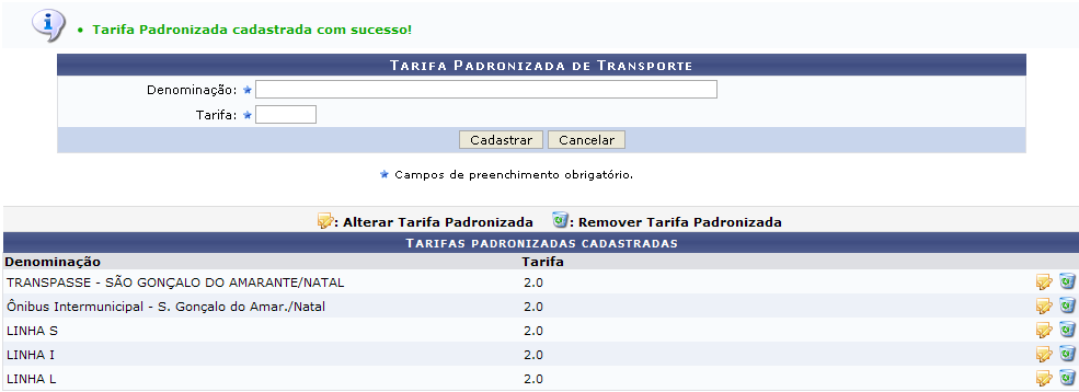 Figura 2: Mensagem de Sucesso do Cadastro; Tarifas Padronizadas Cadastradas