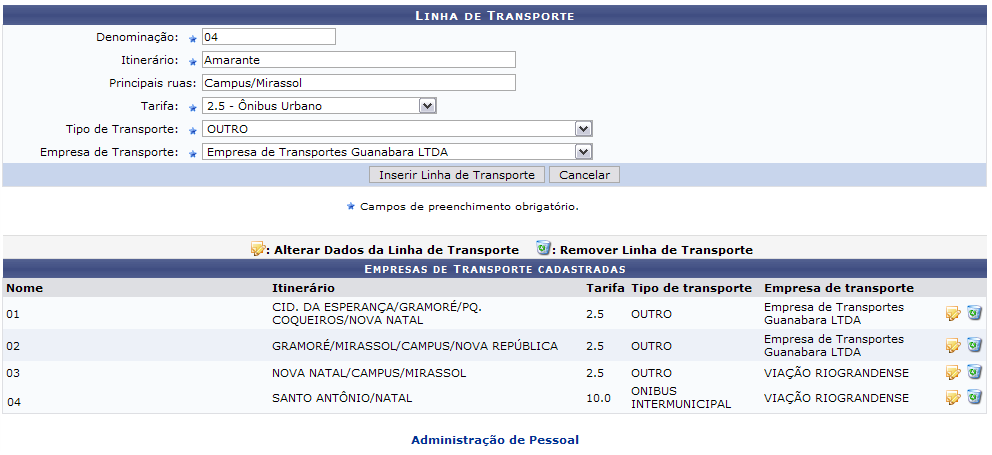 Figura 1: Linha de Transporte; Empresas de Transporte Cadastradas