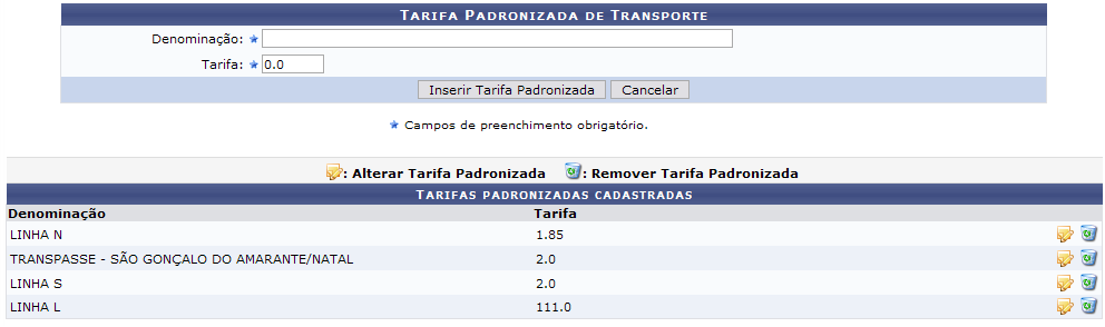 Figura 1: Tarifa Padronizada de Transporte; Tarifas Padronizadas Cadastradas