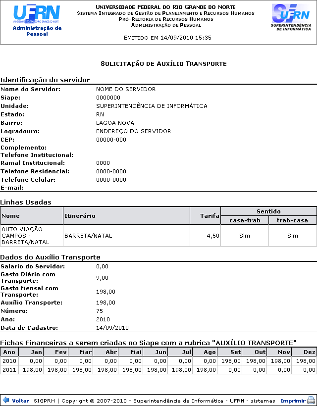 Figura 7: Solicitação de Auxílio Transporte