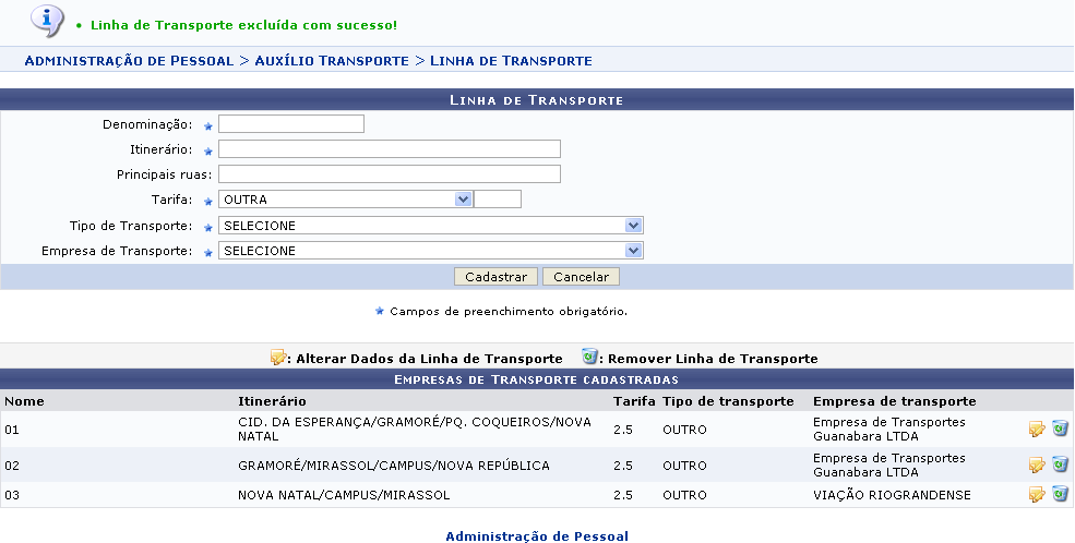 Figura 7: Mensagem de Confirmação; Empresas de Transporte Cadastradas