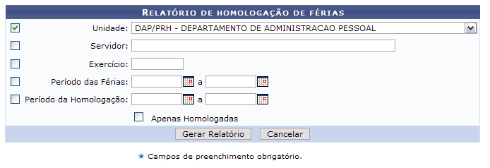 Figura 1: Critérios para geração do Relatório de homologação de férias