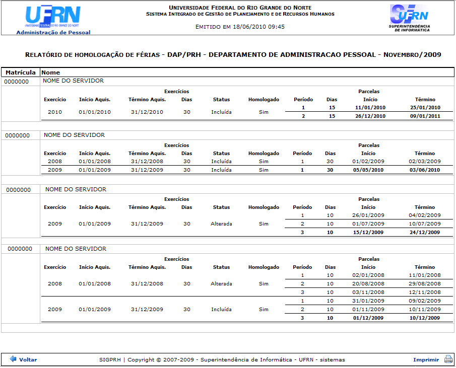 Figura 12: Relatório de Homologação de Férias