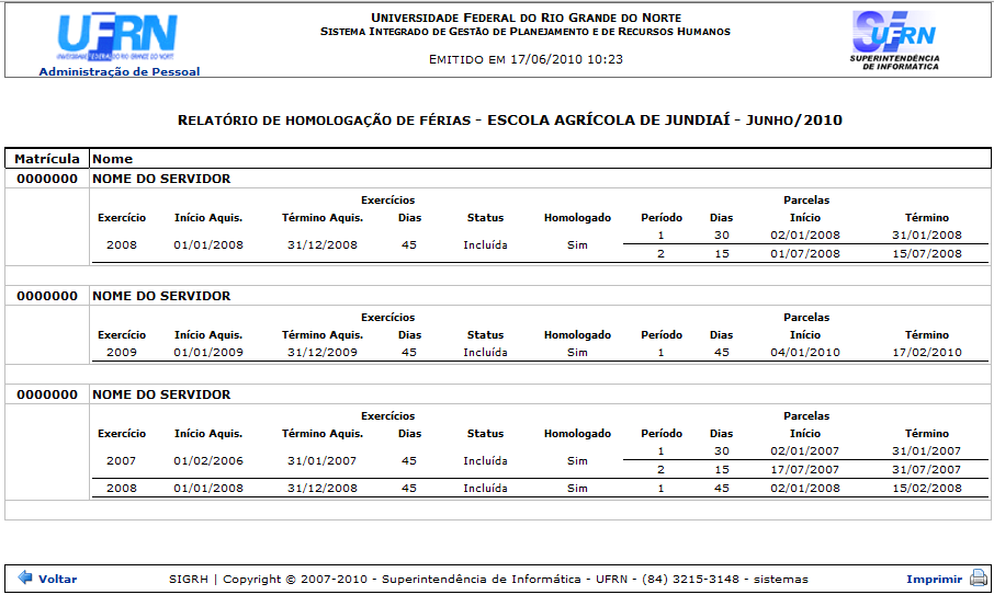 Figura 2: Relatório de Homologação de Férias