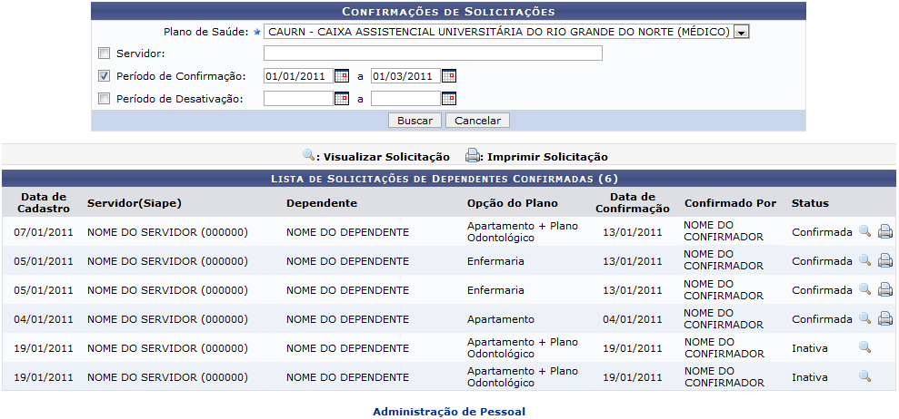 Figura 2: Lista de Solicitações de Dependentes Confirmadas