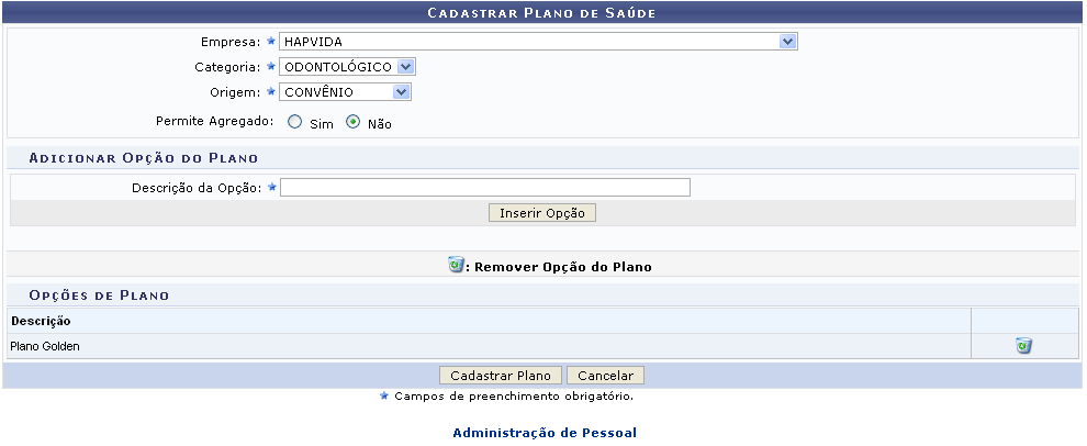 Figura 2: Opções de Plano