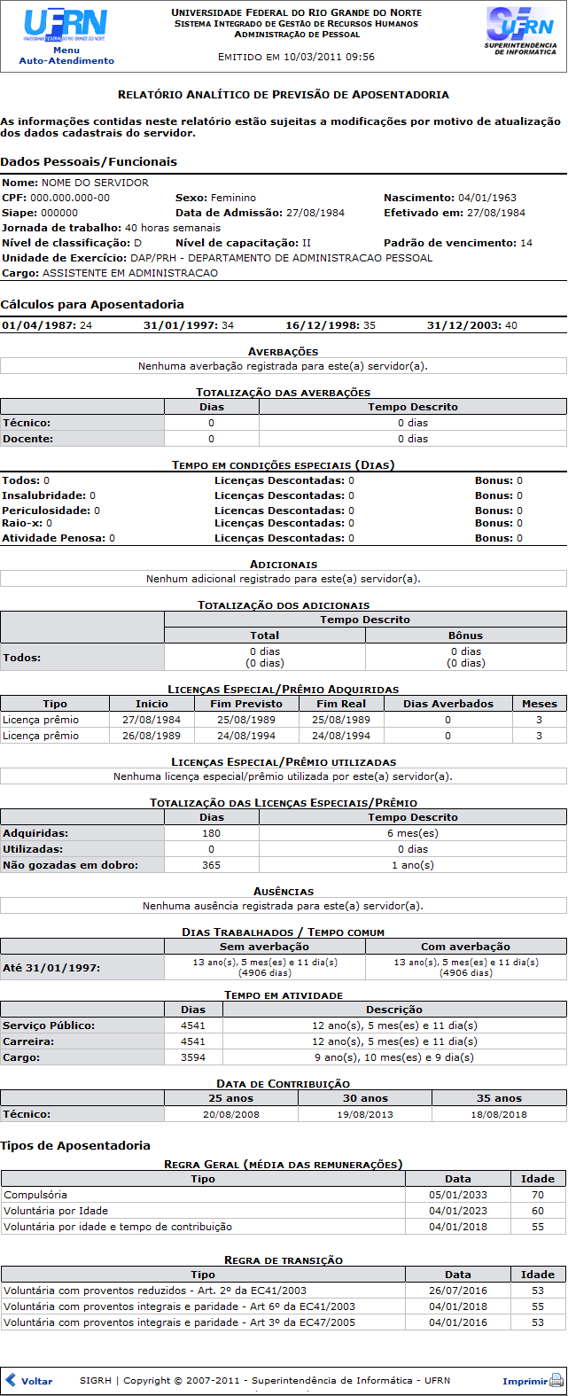 Figura 4: Relatório Analítico de Previsão de Aposentadoria