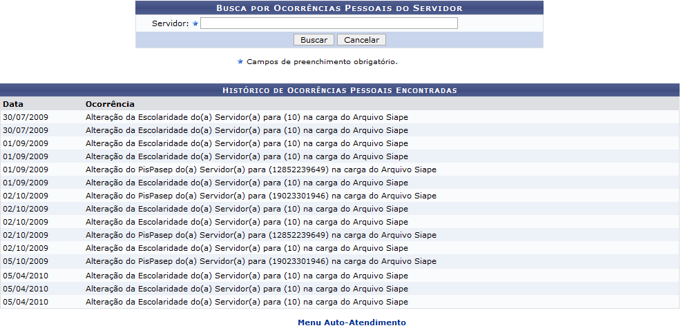 Figura 2: Histórico de Ocorrências Pessoais Encontradas 