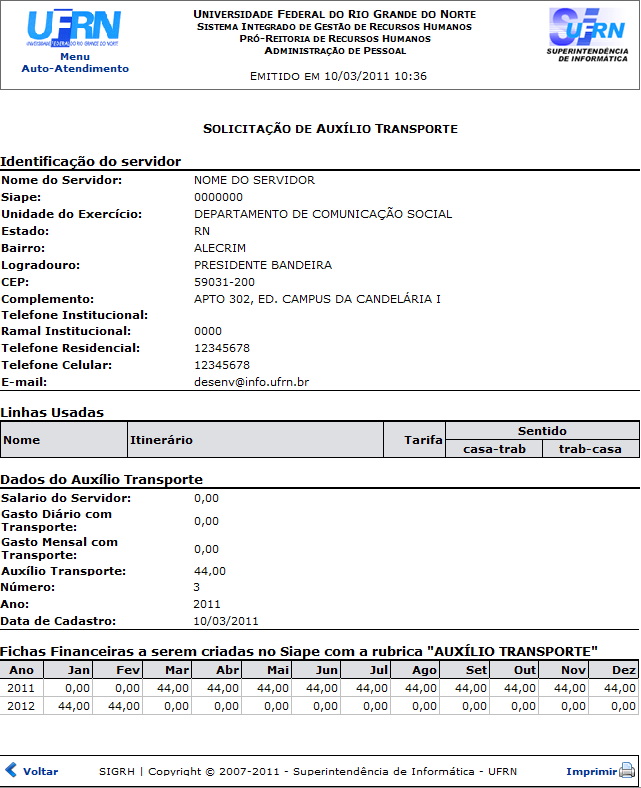 Figura 7: Relatório de Solicitação de Auxílio Transporte