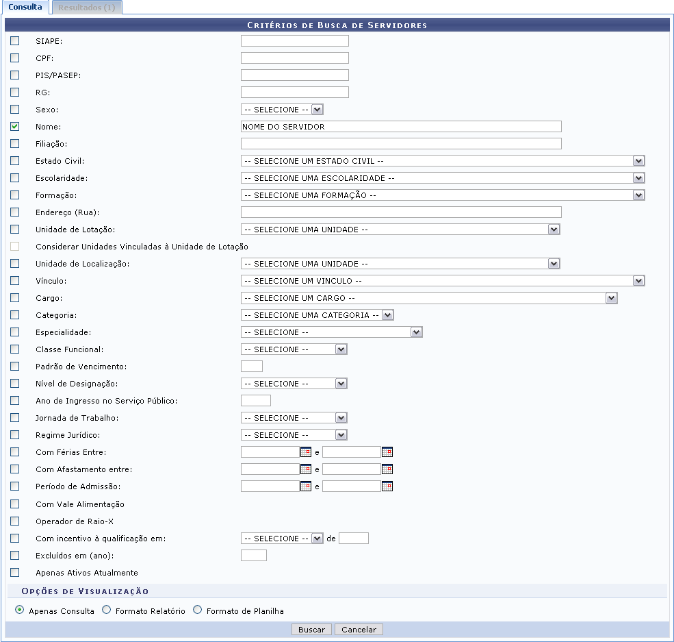 Figura 1: Critérios de Busca de Servidores