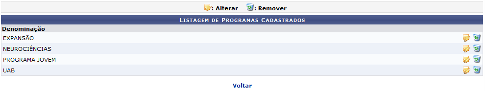 Figura 1: Listagem de Programas Cadastrados