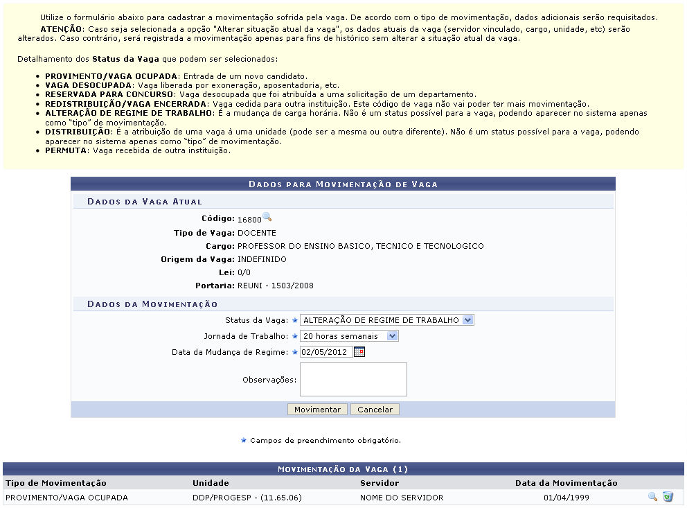 Figura 5: Dados para Movimentação de Vaga