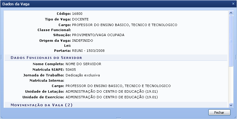 Figura 6: Dados da Vaga