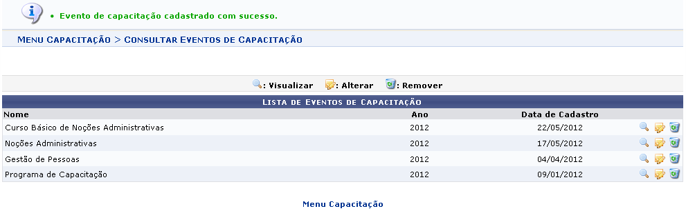 Figura 4: Mensagem de Sucesso; Lista de Eventos de Capacitação