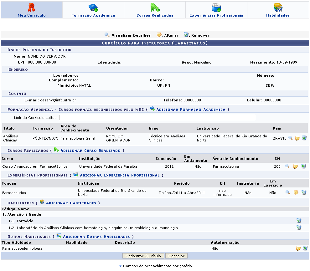 Figura 7: Currículo Para Instrutoria (Capacitação)