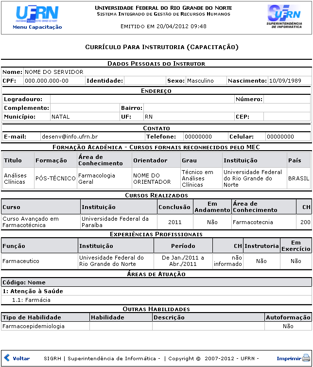 Figura 39: Relatório - Currículo para Instrutoria