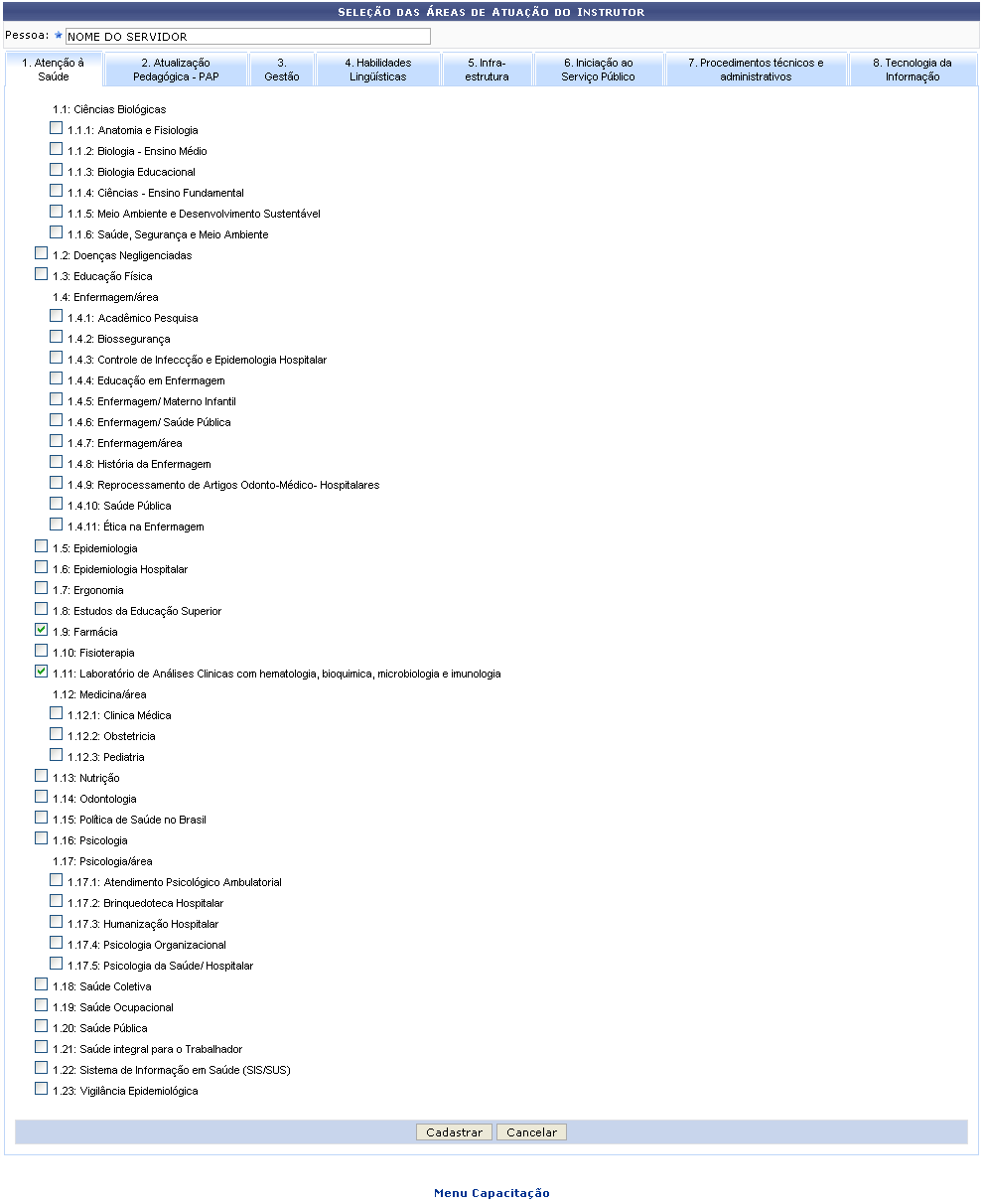 Figura 1: Seleção de Áreas de Atuação do Instrutor