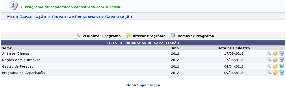 Figura 4: Mensagem de Sucesso; Lista de Programas de Capacitação
