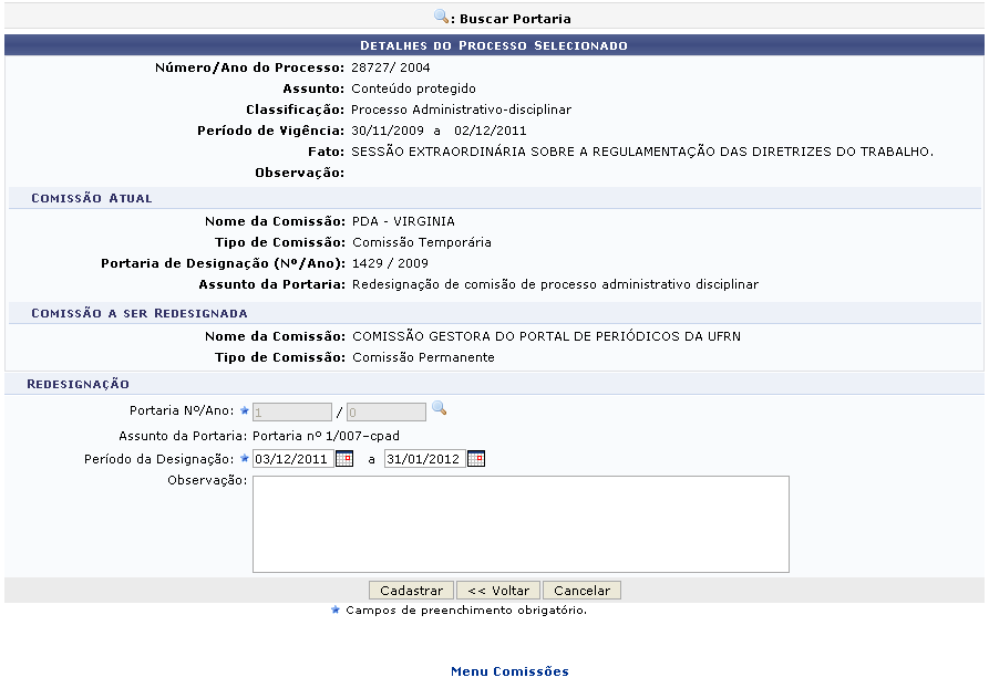 Figura 5: Cadastro da Redesignação; Detalhe do Processo Selecionado