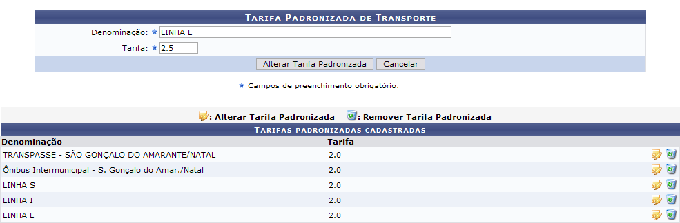 Figura 3: Alterar Tarifa Padronizada