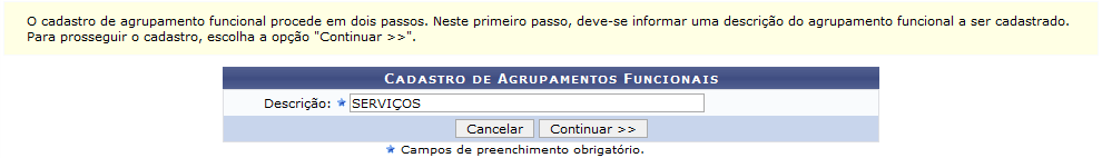 Figura 1: Cadastro de Agrupamentos Funcionais