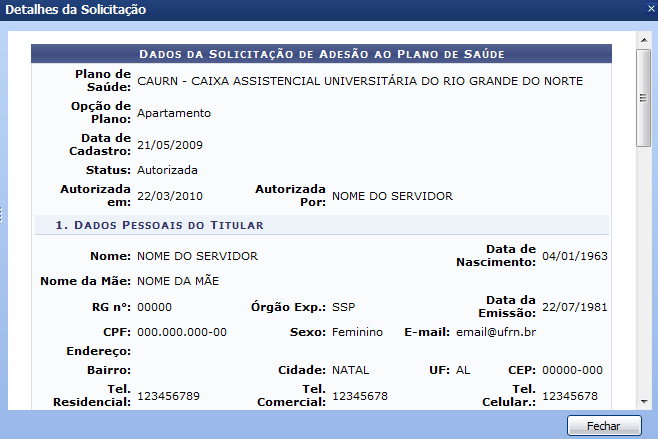 Figura 4: Dados da Solicitação de Adesão ao Plano de Saúde